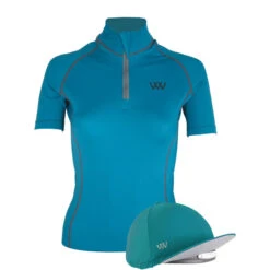 2022 Woof Wear Womens Short Sleeve Performance Riding Shirt & Convertible Hat Cover Bundle WA0006/3 - Ocean Colour Ocean