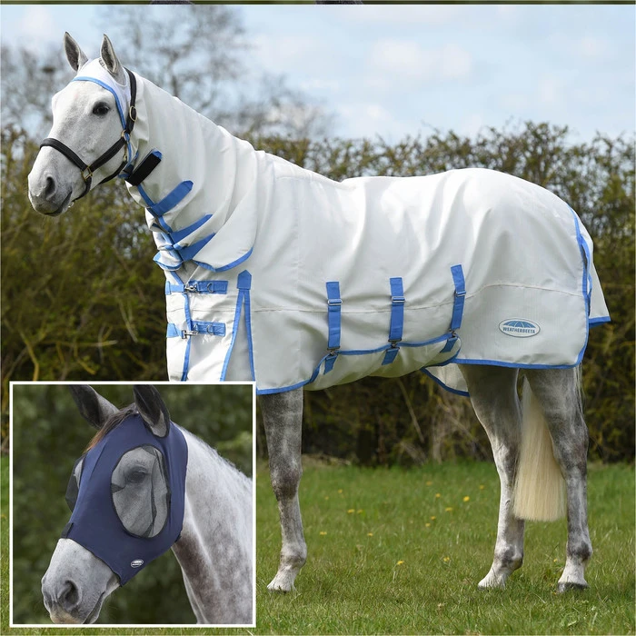 2023 Weatherbeeta Sweet Itch Shield Fly Rug With FREE Fly Mask WFRFM3 - White / Blue / Navy 3 2023 Weatherbeeta Sweet Itch Shield Fly Rug With FREE Fly Mask WFRFM3 - White / Blue / Navy